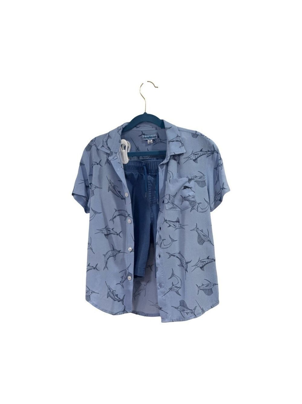 Tommy Bahama Boys Marlin Fish Print Shirt and Shorts. Light Blue